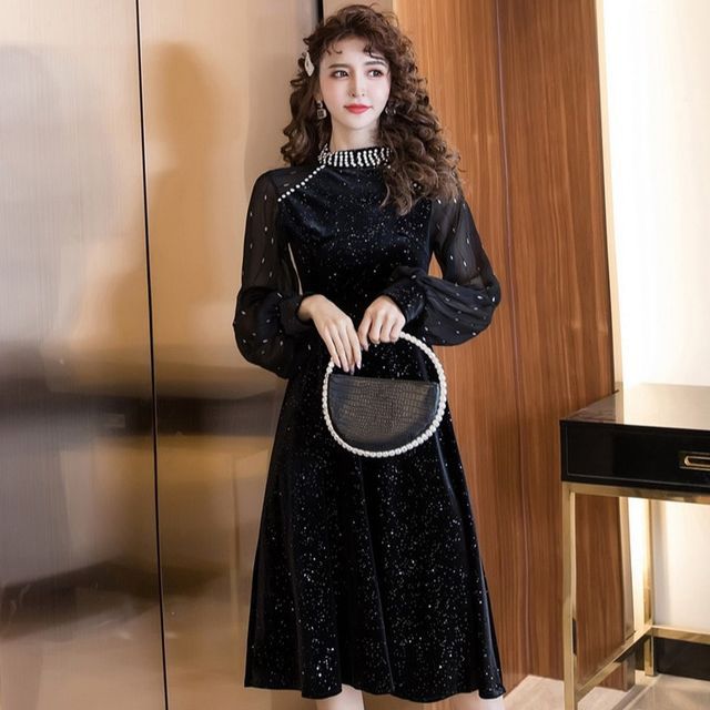 AMOS - Long-Sleeve Rhinestone Mesh Panel Velvet A-Line Dress | YesStyle