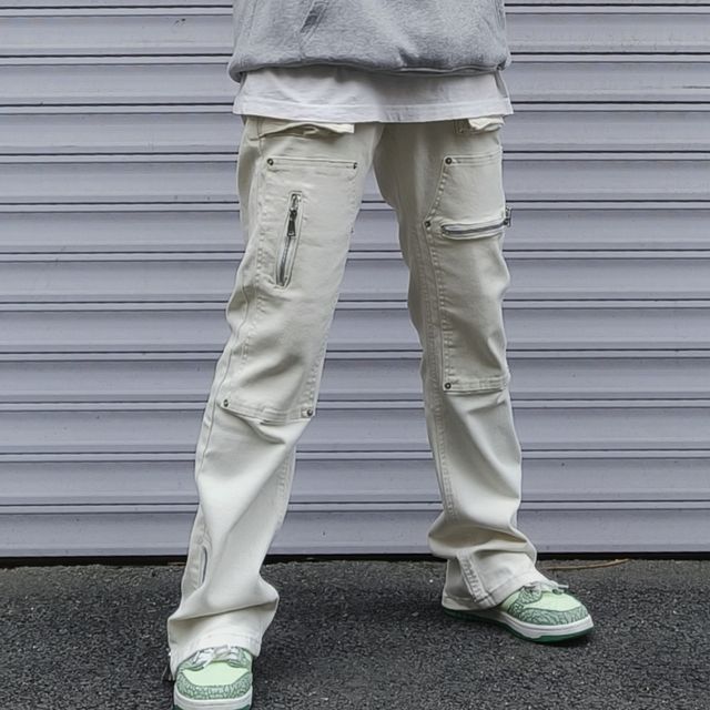 DragonRoad-Mid Rise Plain Straight Leg Cargo Jeans