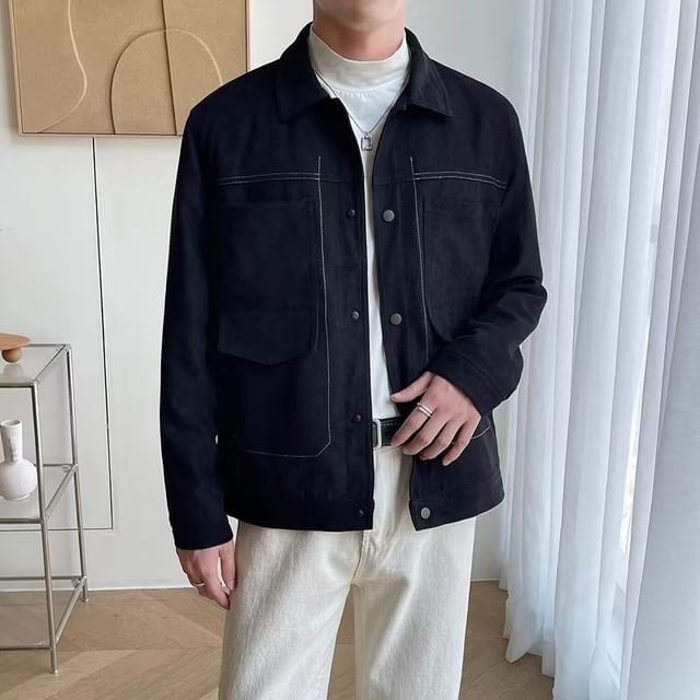Macho-Collared Contrast Stitched Button-Up Jacket