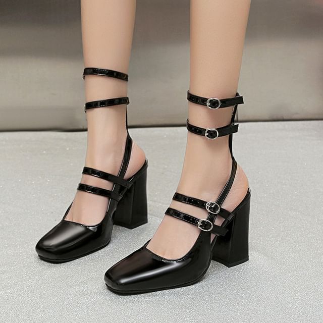 Anran-Square-Toe Chunky-Heel Strappy Pumps