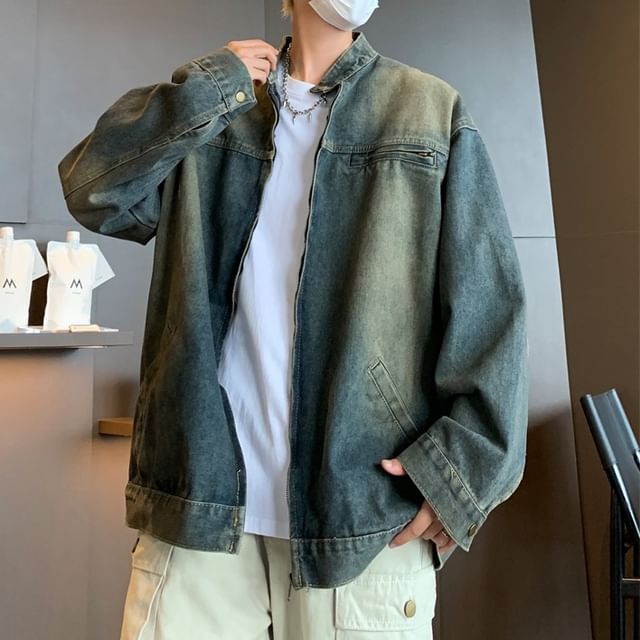 Plummie-Stand Collar Washed Zip Denim Jacket