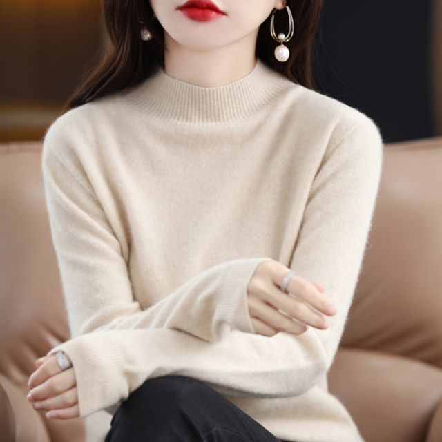 Weelop-Mock Neck Plain Sweater