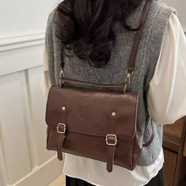 Indenis-Faux Leather Flap Backpack