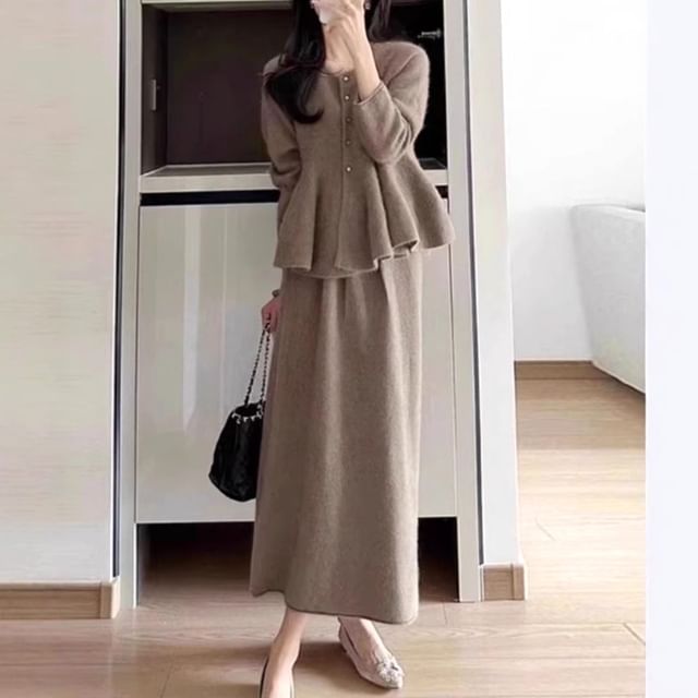 Hevnir-Set Plain Peplum Jacket High Rise Maxi A-Line Skirt