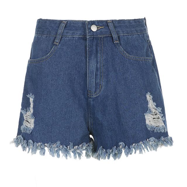 High Waist Ripped Raw Hem Denim Shorts 