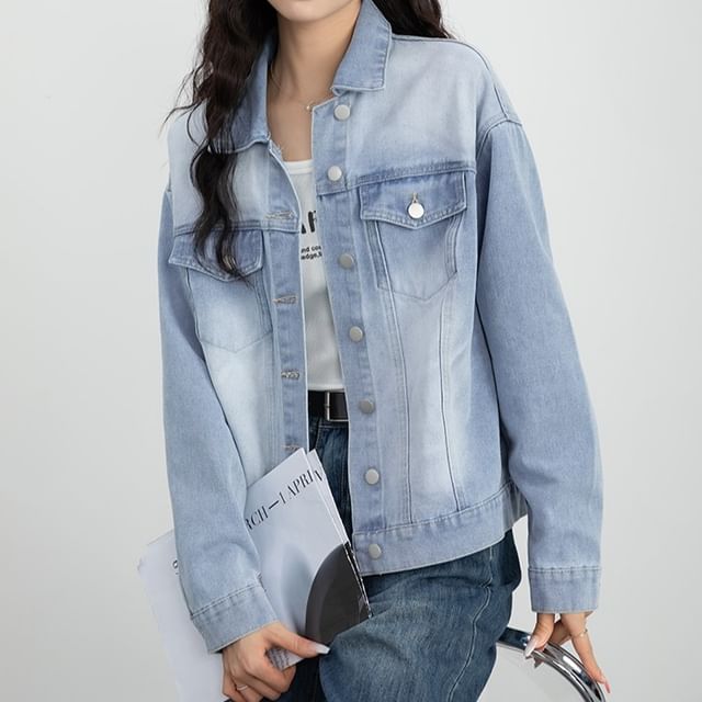 Magimomo-Collared Washed Denim Button Jacket