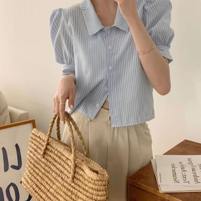 Bigfol-Short-Sleeve Striped Crop Shirt