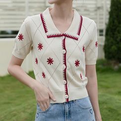 Orlene - Embroidered Polo Knit Short-Sleeve Top