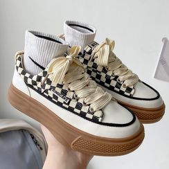 Yuche - Checkered Panel Lace Up Sneakers