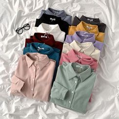 Miruku - Long-Sleeve Collar Plain Shirt