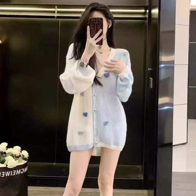 FR-V-Neck Two-Tone Bobble Button-Up Cardigan