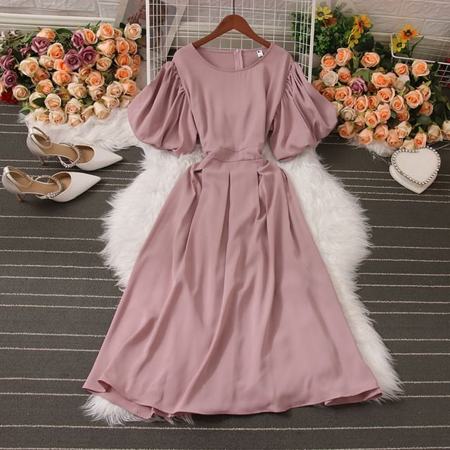 Yolandus - Puff-Sleeve Plain Shirred Midi A-Line Dress | YesStyle Yolandus - Puff-Sleeve Plain Shirred Midi A-Line Dress | YesStyle
