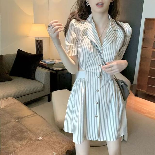Everose-Elbow-Sleeve Lapel Collar Striped Cutout Button-Up Mini A-Line Dress