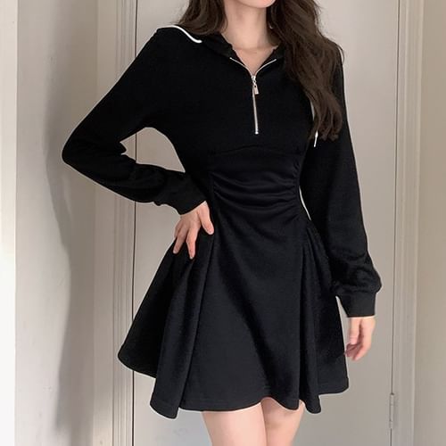 Long-Sleeve Plain Ruched Half Zip Mini A-Line Hoodie Dress