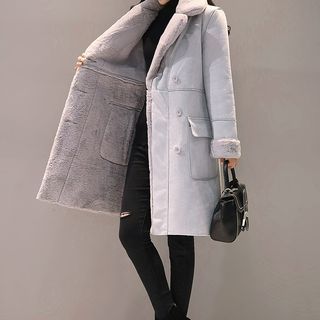 Areumdaun Collared Plain Faux Shearling Midi Double Breasted Coat Sale