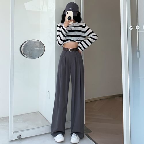 High Waist Plain Wide Leg Slacks