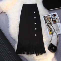 Nashe - Fringed Hem Button-Up Knit Midi Pencil Skirt