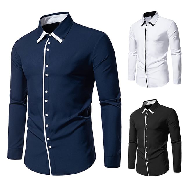 Sheck-Long-Sleeve Contrast Trim Button-Up Shirt