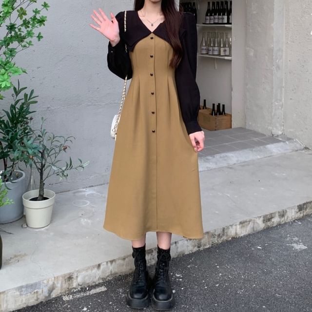 Cloud Nine-Long-Sleeve V-Neck Mock Two-Piece Two Tone Button Accent Midi A-Line Dress