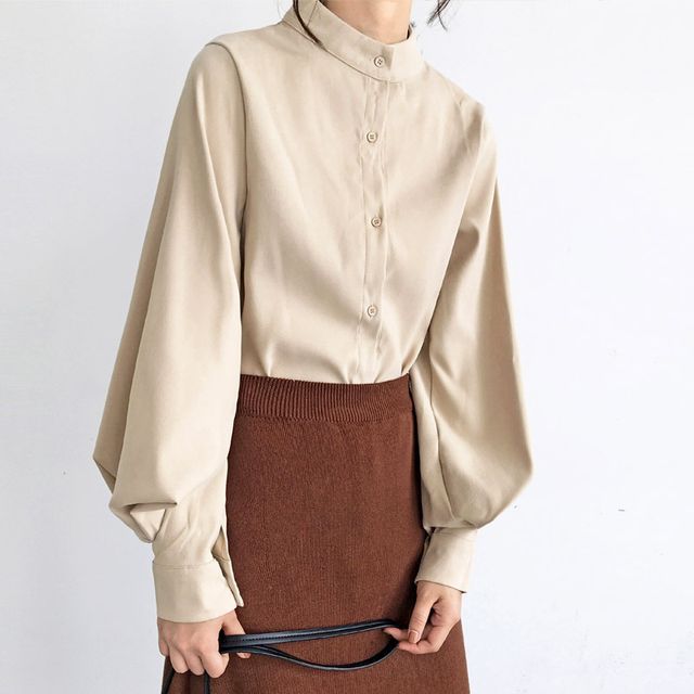 Hollahop-Bishop-Sleeve Stand Collar Blouse