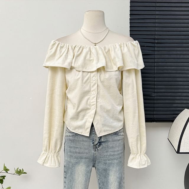 Lemongrass-Ruffled Off-Shoulder Button-Up Crop Blouse