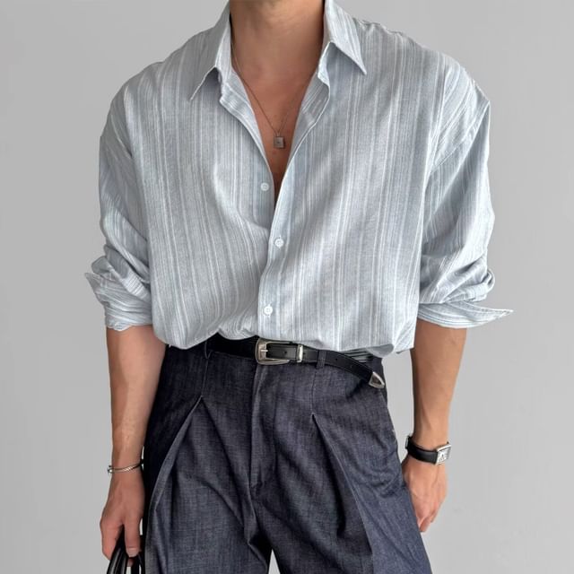 Urtishia-Long-Sleeve Striped Shirt