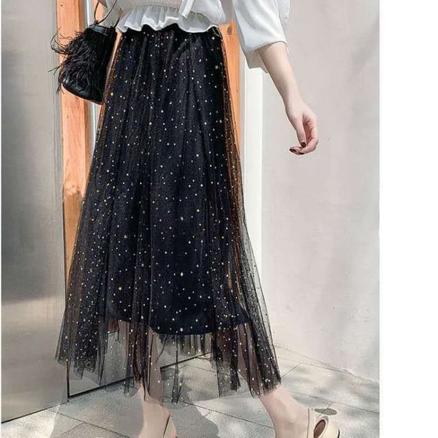 Sisyphi-Set Long-Sleeve Button-Up Plain Top High Waist Mesh Maxi A-Line Skirt