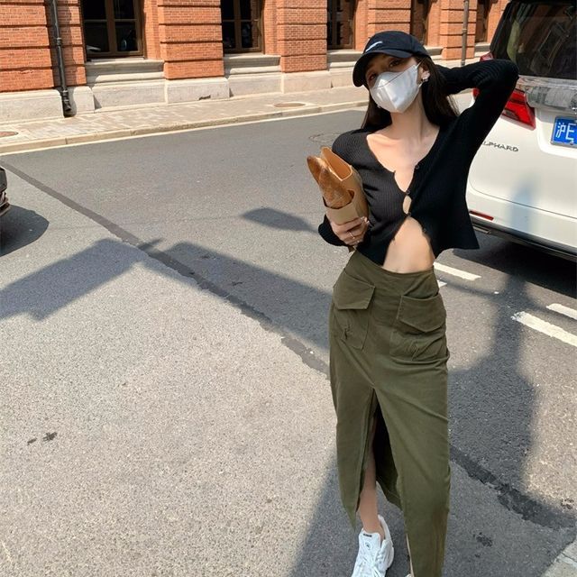 Alfie Plain Button-Up Knit Top Plain High-Waist Cargo Skirt