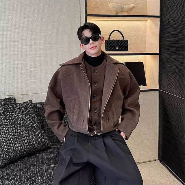ravewider-Plain Mock Two-Piece Zip Jacket
