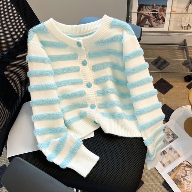 FR-Round Neck Striped Cardigan