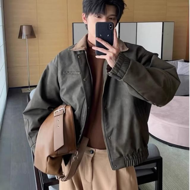 Real Boy-Contrast Collar Zip-Up Jacket