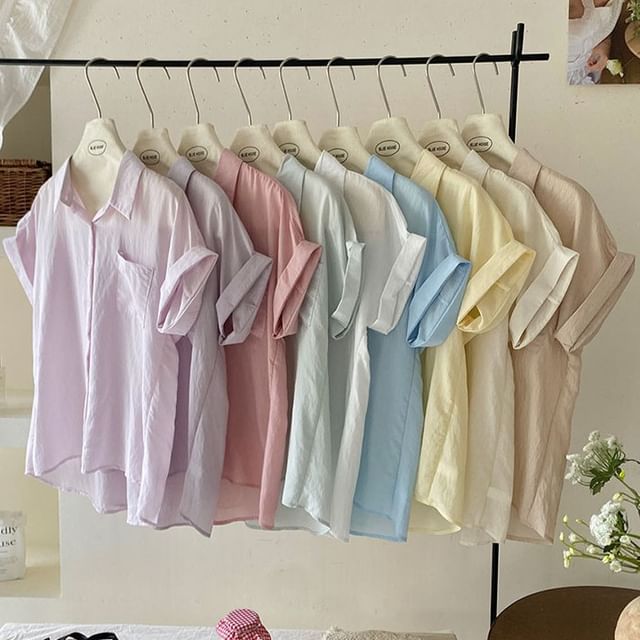 DIYI-Short Sleeve Collared Plain Button Up Shirt