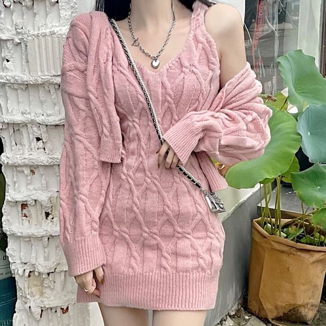 SUGARUS - Set: Spaghetti-Strap Cable Knit Dress / Loose Fit Cable Knit Cardigan | YesStyle SUGARUS - Set: Spaghetti-Strap Cable Knit Dress / Loose Fit Cable Knit Cardigan | YesStyle