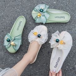 Belbie - Mesh Bow Round-Toe Flat Mules Belbie - Mesh Bow Round-Toe Flat Mules
