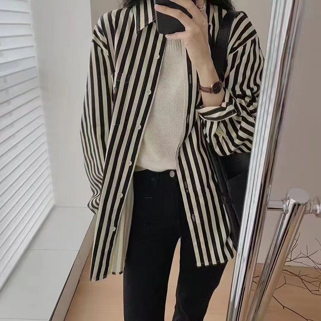 Everose-Long-Sleeve Collared Striped Shirt
