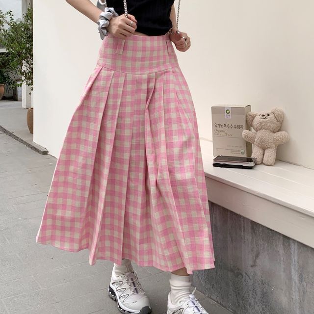 ZENME High Rise Gingham Accordion Pleated Midi A-Line Skirt