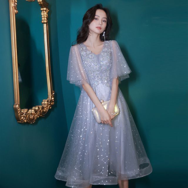 LEFFA - Short-Sleeve V-Neck Sequin Mesh Midi A-Line Evening Dress | YesStyle