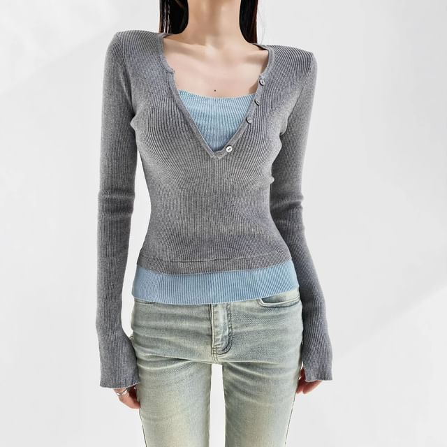 Asiris-Mock Two-Piece Long-Sleeve V-Neck Two Tone Knit Top