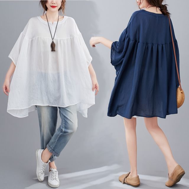 Lewwe-Elbow Sleeve Notch Neck Plain Oversized Blouse