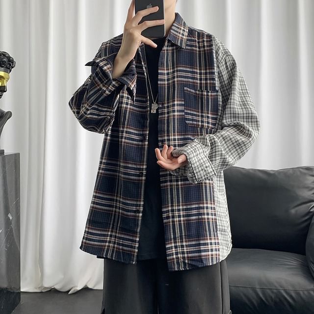 Phoneus-Long-Sleeve Plaid Panel Button-Up Shirt
