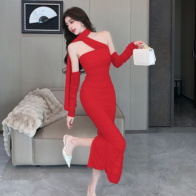 Set: Halter Plain Midi Bodycon Dress + Arm Sleeves Set: Halter Plain Midi Bodycon Dress + Arm Sleeves