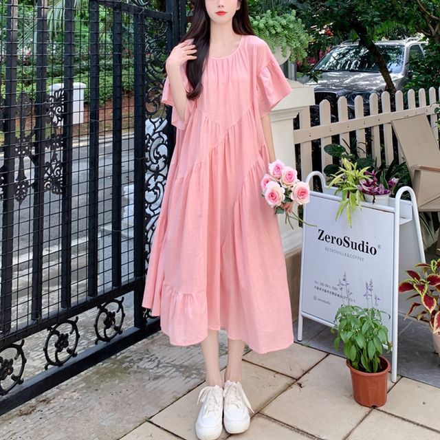 Parimoske - Elbow-Sleeve Crew Neck Plain Midi A-Line Dress | YesStyle
