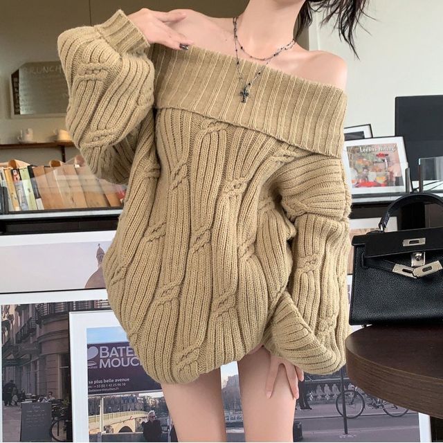Lady Jean Off-Shoulder Plain Oversized Sweater YesStyle