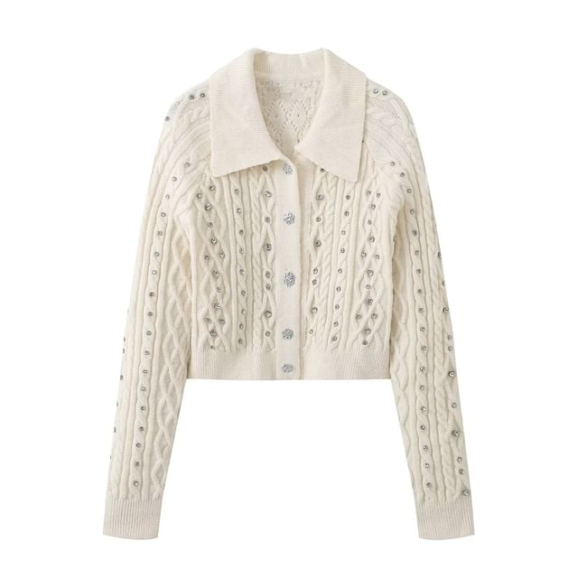 Starsavvy Collared Plain Rhinestone Accent Cable Knit Button-Up