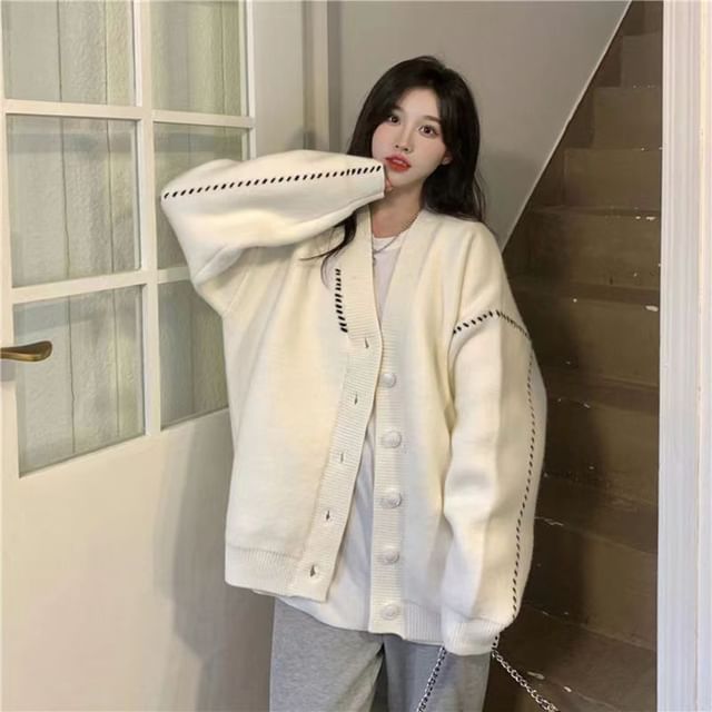 Everose-V-Neck Contrast Stitching Cardigan