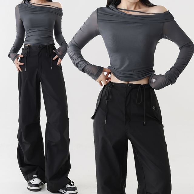 Amyway-Cold-Shoulder Long-Sleeve Plain Shirred Top