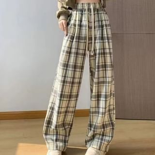 Everose-Drawstring Waist Plaid Wide Leg Pants