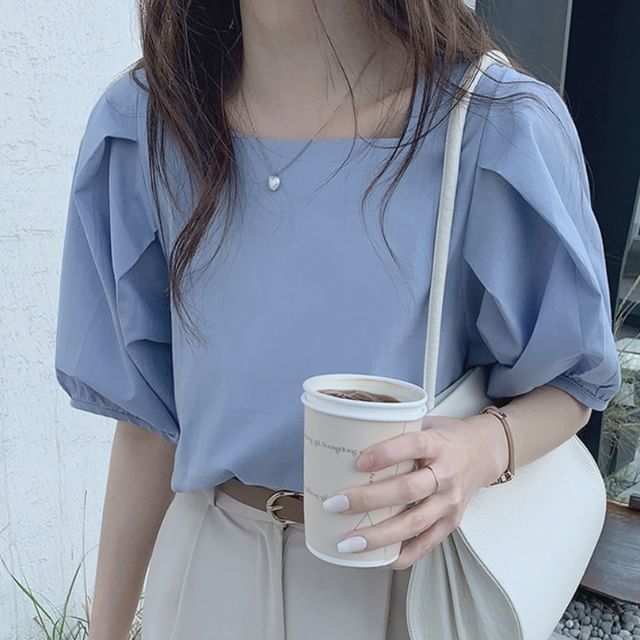Bigfol-Puff-Sleeve Square-Neck Plain Shirred Blouse