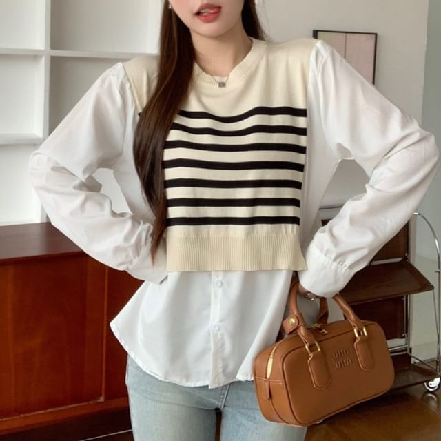 Allinya-Long Sleeve Round Neck Striped Mock Two Piece Top