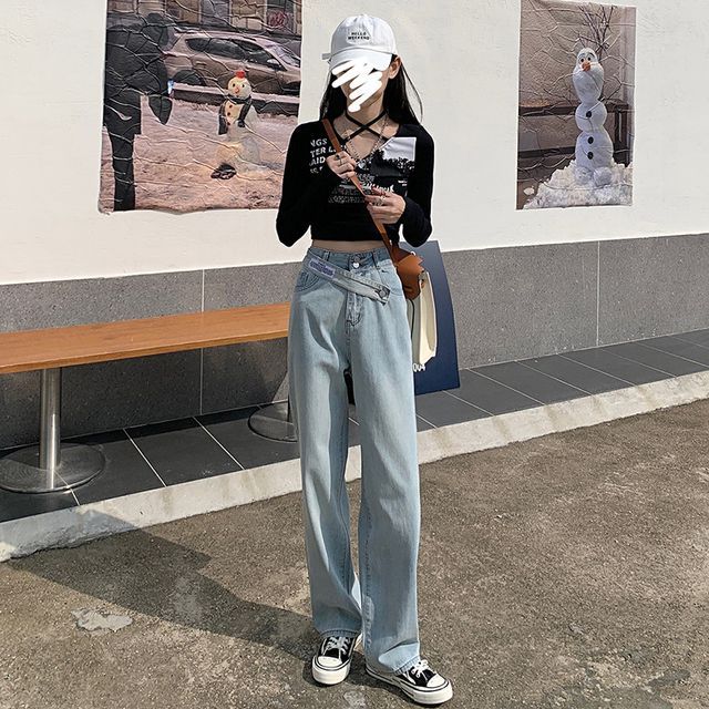 High Waist Asymmetrical Wide Leg Jeans 